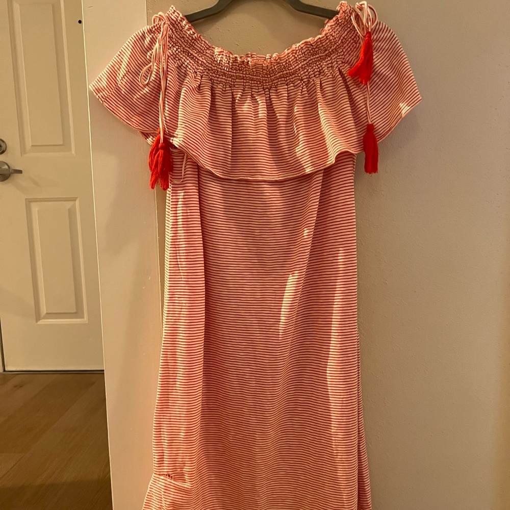 LOFT Red striped off the shoulder dress